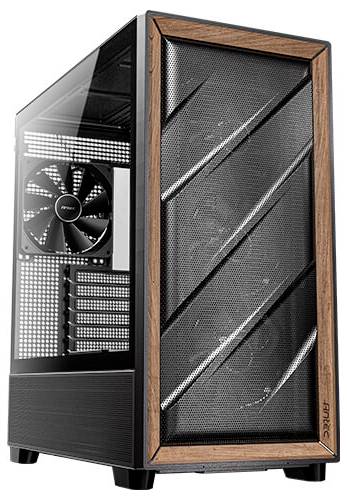 Gaming-PC-Gehäuse mit Gitterfront und Holzakzenten, durchsichtiger Seitenwand aus Glas, aufgebautem Lüfter und mehreren Erweiterungssteckplätzen.