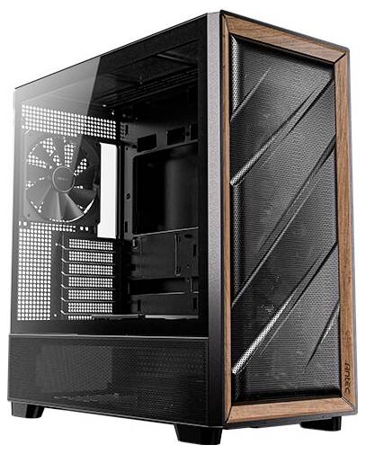 Schwarzes PC-Gehäuse mit einem großen Lüfter hinten, Seitenfenster aus Glas, und vorderer Gitterblende mit braunem Rahmen.
