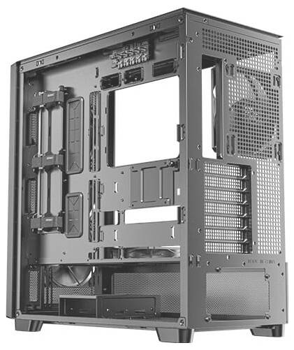 Offenes PC-Gehäuse mit sichtbaren Halterungen für Hauptplatine, Grafikkarten und Kühlung, bereit für benutzerdefinierten Einbau.