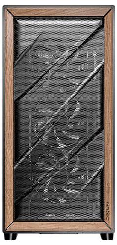 Gaming-PC-Gehäuse mit transparentem Gitter-Frontpanel, zeigt drei Lüfter. Holzrahmen und Mesh für Luftzirkulation.