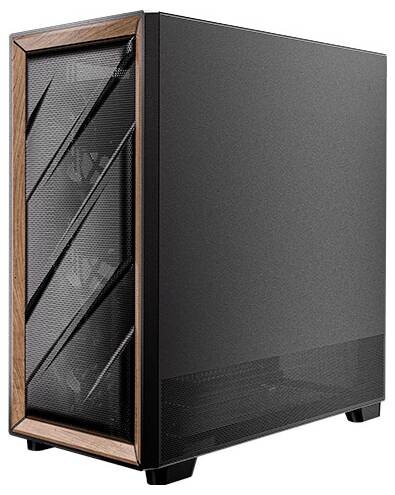 Schwarzes PC-Gehäuse mit Holzverkleidung an der Vorderseite und diagonalem Lufteinlassmuster, steht auf einem neutralen Hintergrund.