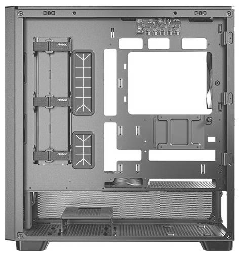 Innenansicht eines leeren PC-Gehäuses mit mehreren Montageschlitzen, Kabelführungslöchern und Ablagefächern zur Hardwareinstallation.