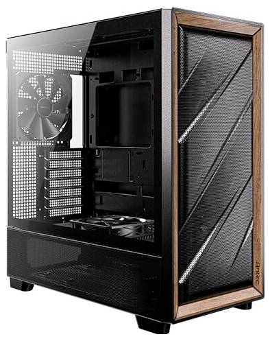 Schwarzes PC-Gehäuse mit transparentem Seitenfenster, sichtbarem Lüfter und Gitterfront. Geeignet für Desktop-Computer.