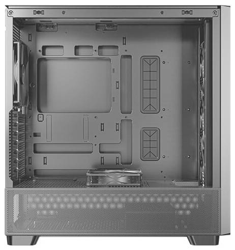 Leeres Computergehäuse aus Metall mit transparenten Seiten, zeigt Platz für Hauptplatine, Lüfter und andere Komponenten.