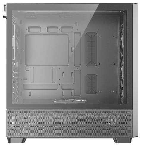 Ein leeres PC-Gehäuse in Silber mit transparentem Seitenfenster, zeigt freie Plätze für Bauteile, Lüftungsgitter unten.