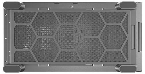 Graues Computergehäuse aus Metall in der Nahaufnahme. Sechseckiges Gitterdesign mit vier schwarzen Füßen in den Ecken sichtbar.