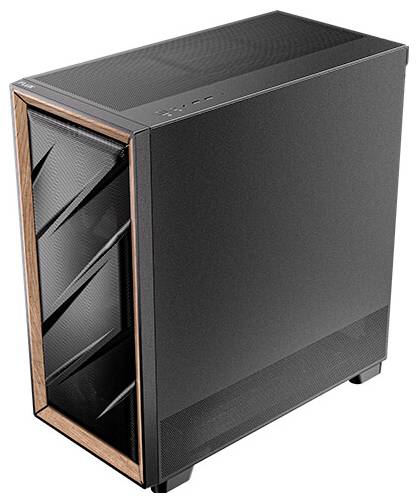 Schwarzes PC-Gehäuse mit Holzverzierung an der Front, rechteckige Form, oben Lüftungsschlitze und Anschlüsse, schlichtes Design.