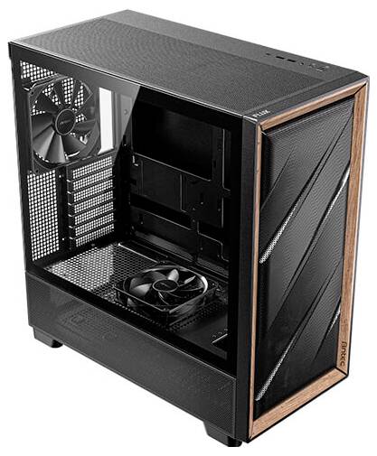 Ein offenes Computergehäuse mit zwei eingebauten Lüftern. Das Gehäuse hat ein modernes Design mit Mesh-Front und einem Holzrahmen.