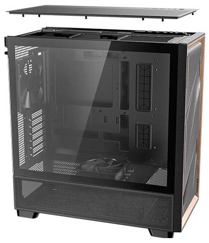 Ein PC-Gehäuse mit transparentem Seitenpanel und offenem Oberteil. Ventilatoren an Vorder- und Unterseite sichtbar.
