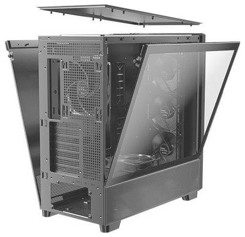 Schwarzes Computergehäuse mit transparenten Seitenpanel und zwei großen Lüftern innen. Oberseite leicht geöffnet.