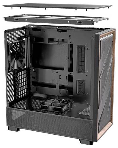 Schwarzes PC-Gehäuse, geöffnet. Sichtbar sind zwei Lüfter, Steckplätze für Komponenten und entfernter Deckel oben.
