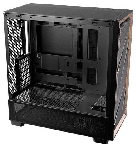 Schwarzes Computergehäuse mit offenen Seiten, sichtbarem Innenrahmen und mehreren Steckplätzen für Komponenten; geeignet für PC-Bau.