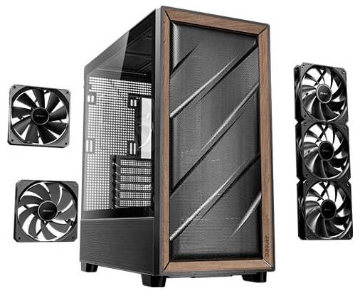 Ein Computergehäuse mit Mesh-Front, die von drei Lüftern flankiert wird. Zwei Lüfter sind links, drei übereinander rechts.