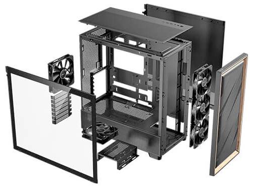 Explodierte Ansicht eines Computergehäuses mit Rahmen, Glas, Lüftern und anderen Komponenten, die getrennt um das Gehäuse angeordnet sind.