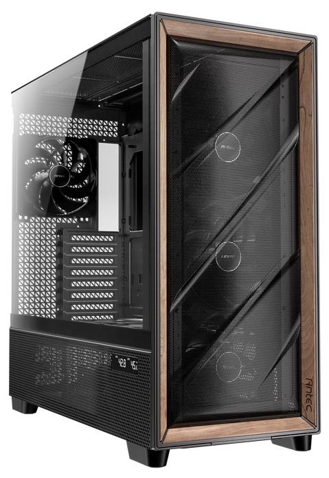 Ein Computergehäuse mit Glas-Seitenwand zeigt mehrere Lüfter im Inneren. Modernes Design mit Holzakzent an der Vorderseite.