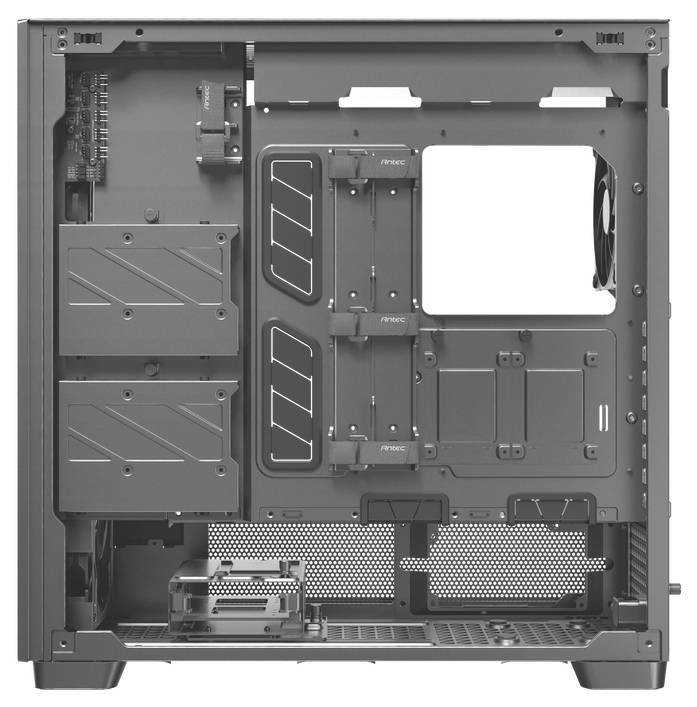Ein offenes Computergehäuse von innen zeigt Steckplätze für Festplatten, Motherboard und Lüftermontage, ideal für PC-Bauprojekte.