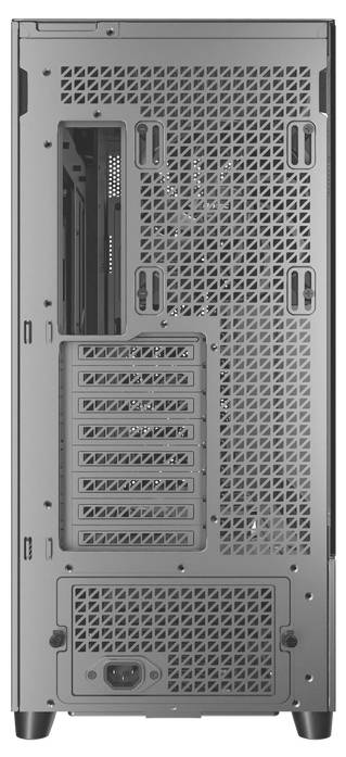 Rückseite eines grauen Computergehäuses mit mehreren Steckplätzen und Lüftungsgittern, zeigt die Anschlüsse und Belüftungsöffnungen.