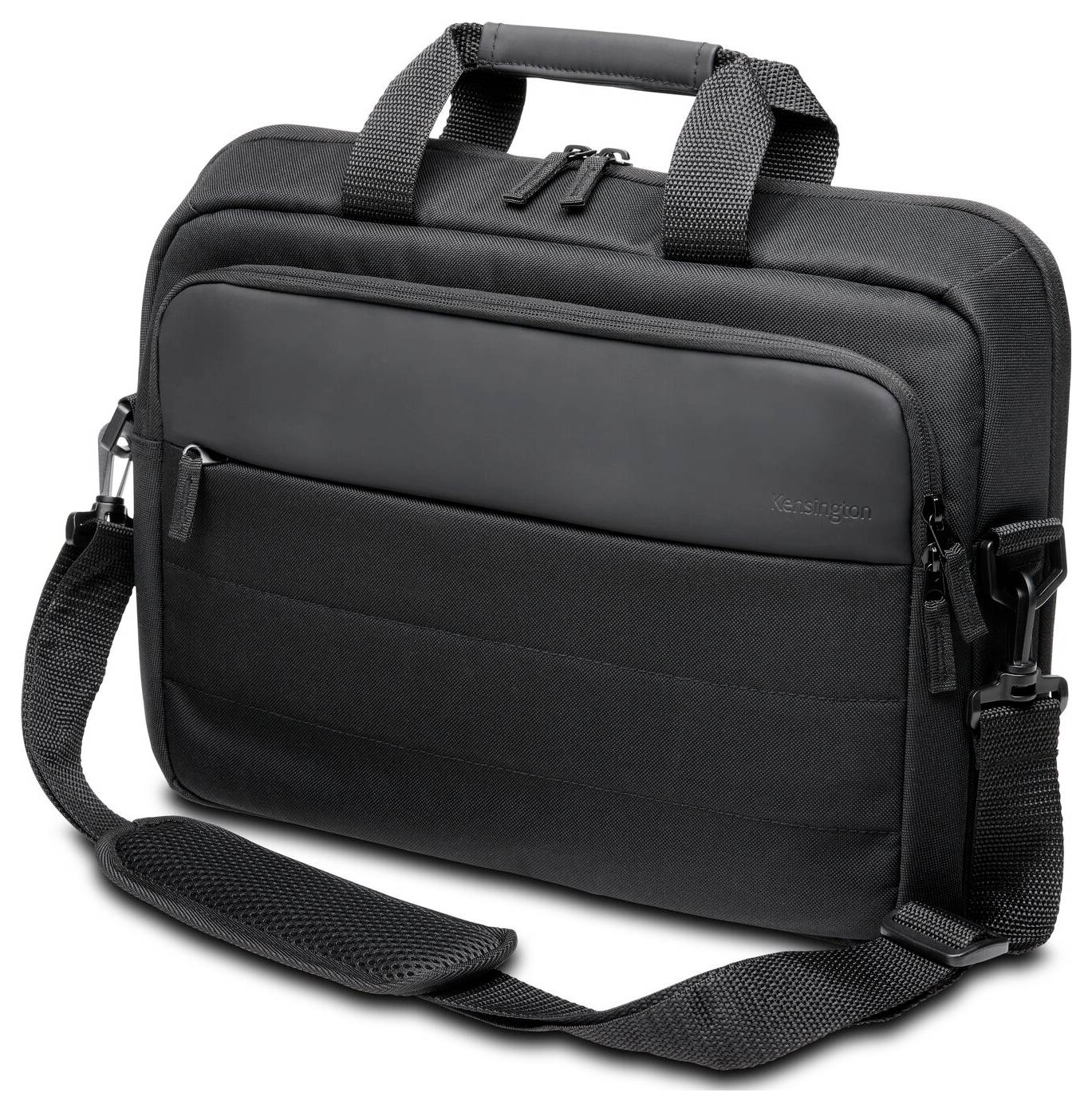 Schwarze Laptoptasche mit Tragegriff und Schultergurt. Sie besitzt ein großes Fach und eine zusätzliche Fronttasche mit Reißverschlüssen.