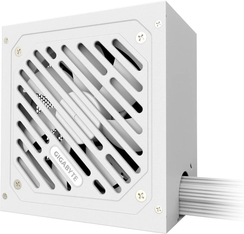 Weißes PC-Netzteil mit Lüfter und Kabeln an der Rückseite. Logo 'GIGABYTE' sichtbar auf der Seite.