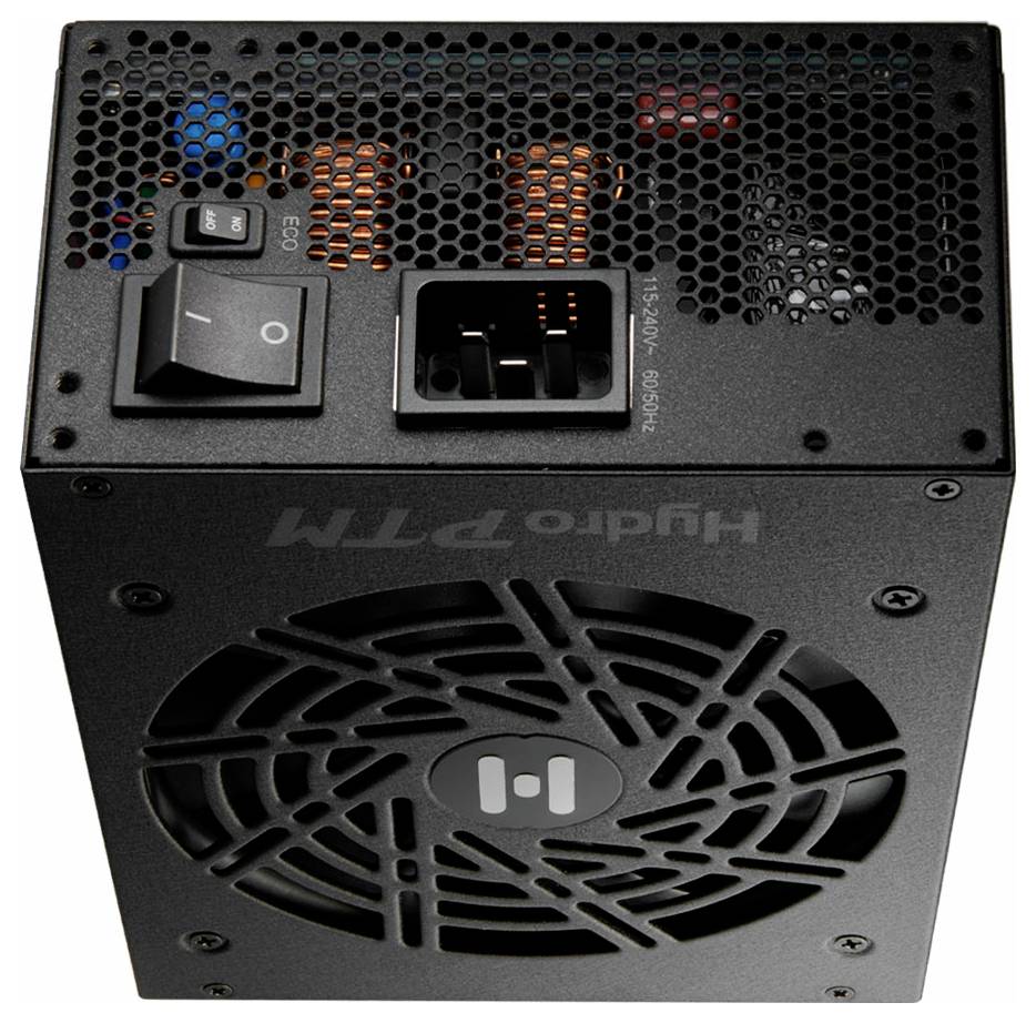 Schwarzes Computernetzteil mit Kippschalter, Lüfter und Steckverbindungen. Das Gehäuse hat ein meshartiges Oberteil für Belüftung.