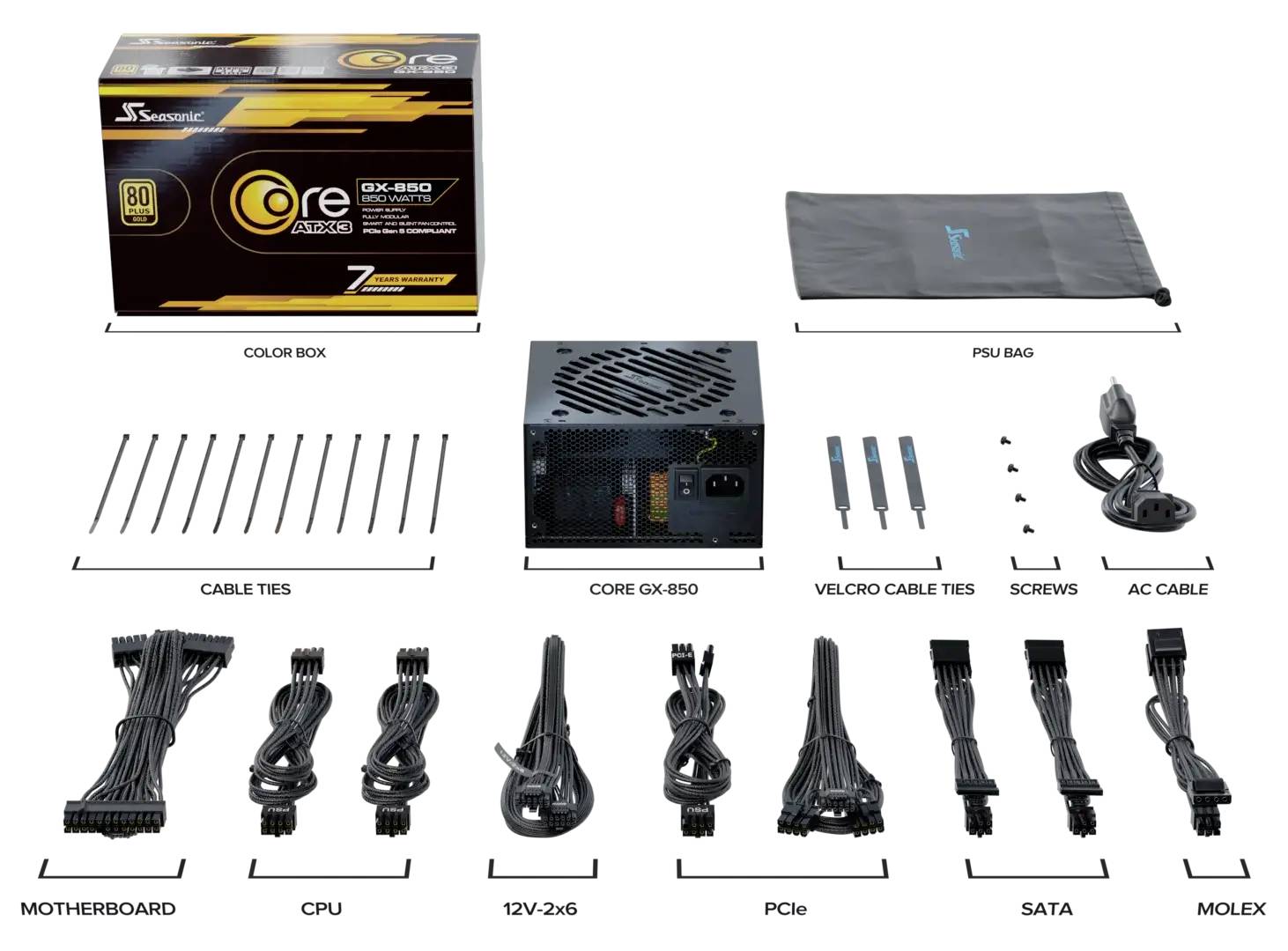 Abgebildet ist ein Seasonic GX-850 Netzteil-Set. Zu sehen sind das Netzteil, diverse Kabel (MOTHERBOARD, CPU, 12V-2x6, PCIe, SATA, MOLEX), Kabelbinder, Schrauben und die Verpackung.