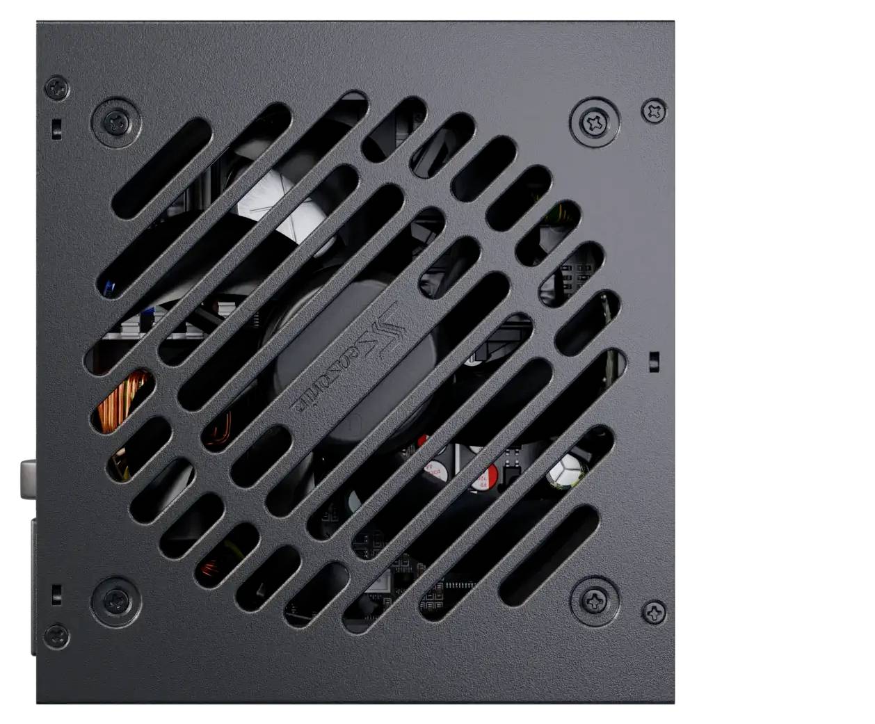 Computernetzteil in einem Metallgehäuse mit Lüftungsschlitzen. Lüfter und Kabel sind teilweise sichtbar.