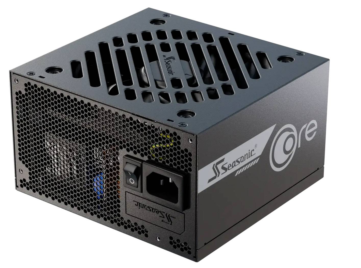 Schwarzes Seasonic-Netzteil mit Lüfteröffnungen und Anschlüssen; trägt die Aufschrift 'Core'. Geeignet für Computergehäuse.