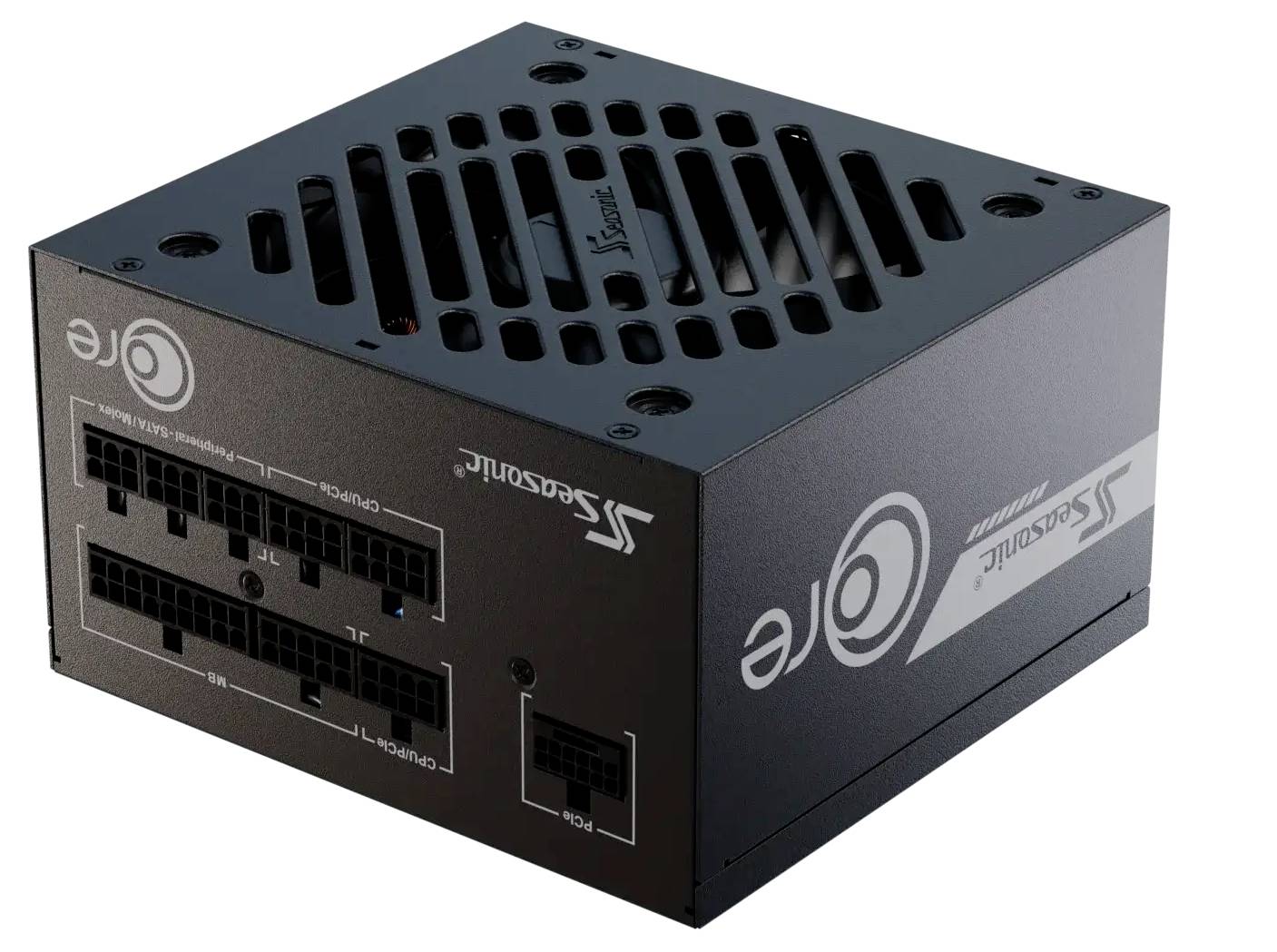 Ein schwarzes, würfelförmiges PC-Netzteil mit mehreren Anschlussmöglichkeiten an der Vorderseite und Lüftungsschlitzen oben.