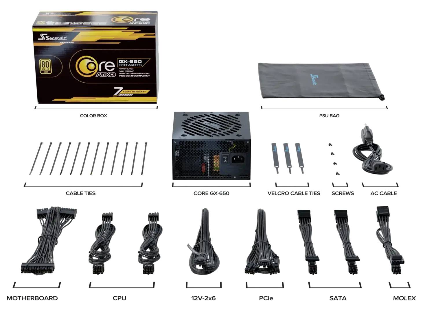 'Seasonic Core GX-650' Netzteil, Verpackung und Zubehör: Kabelbinder, Klett-Kabelbinder, Schrauben, PCIe-, SATA- und Molex-Kabel.
