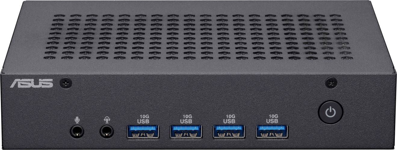 Schwarzes ASUS-Netzwerkgerät mit Lüftungsschlitzen oben, vier USB-Anschlüssen vorne und einem Ein/Aus-Schalter rechts.