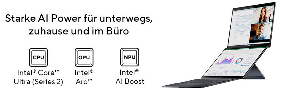 Zwei Bildschirme zeigen Videokonferenz und Grafiken. Text: 'Starke AI Power für unterwegs, zuhause und im Büro.' Symbole für CPU, GPU, NPU.