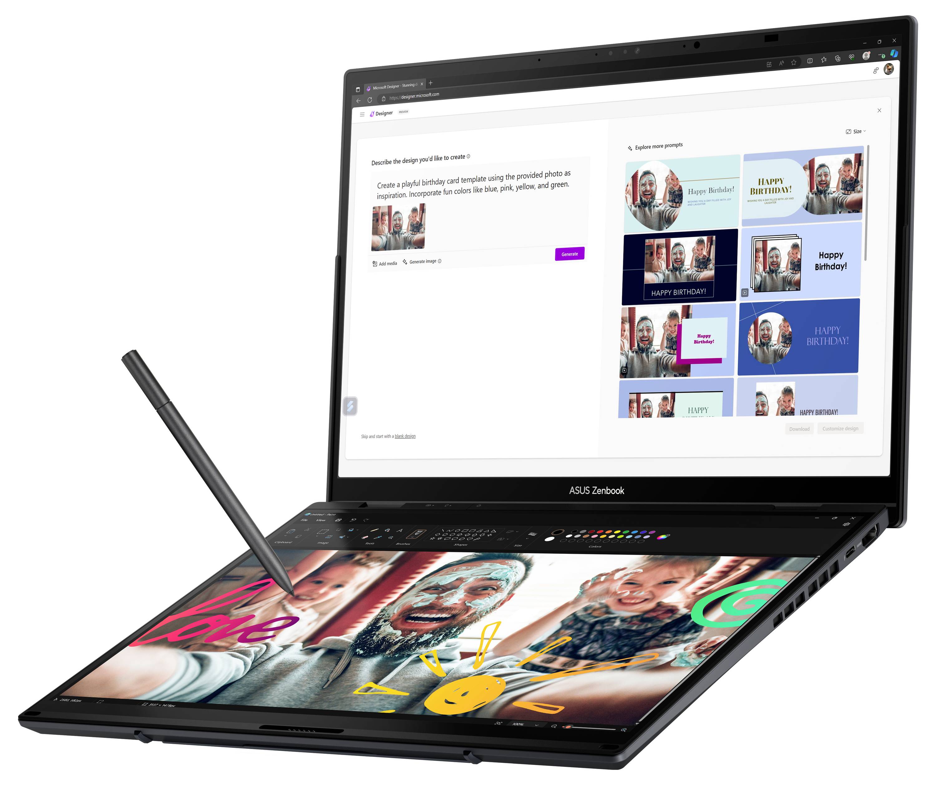 Ein Laptop mit zwei Bildschirmen. Der obere zeigt eine kreative Software mit Vorlagenauswahl. Der untere reagiert auf einen Stift mit Zeichnungen.