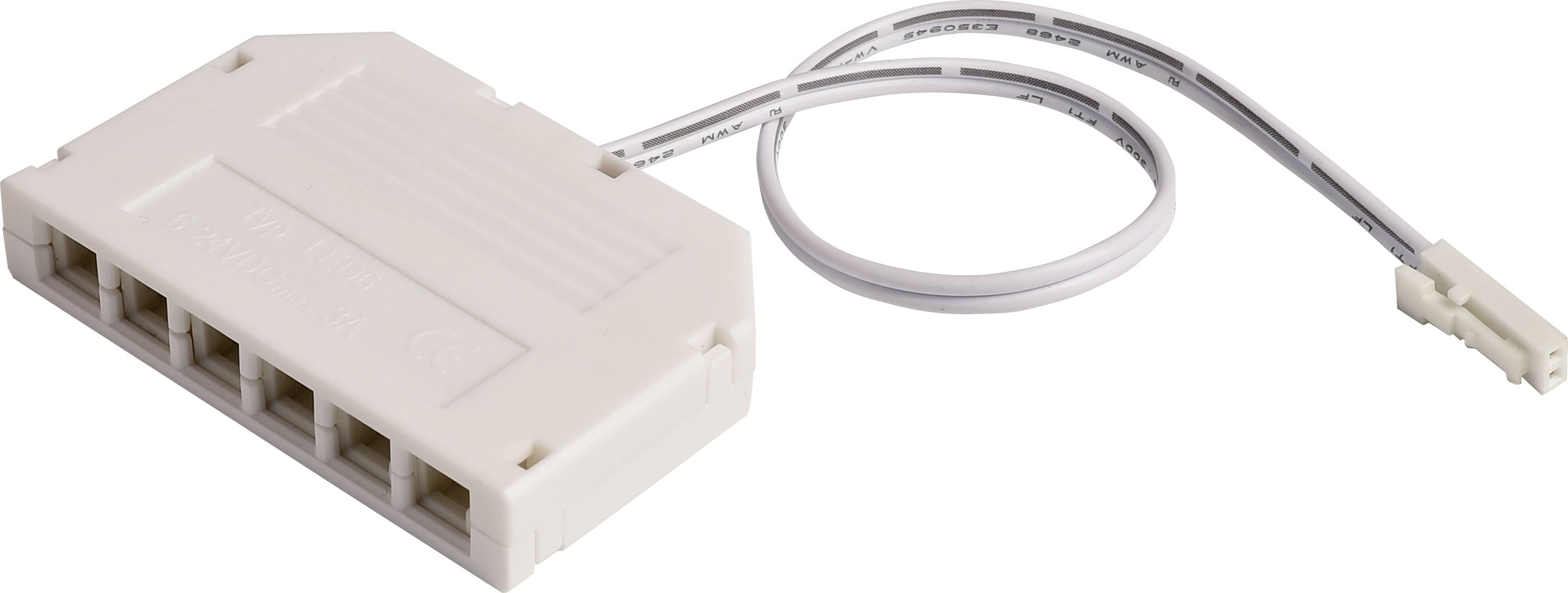 Weiße elektrische Steckverbindung mit sechs Anschlüssen und einem Kabel, das in einem kleinen Stecker endet.