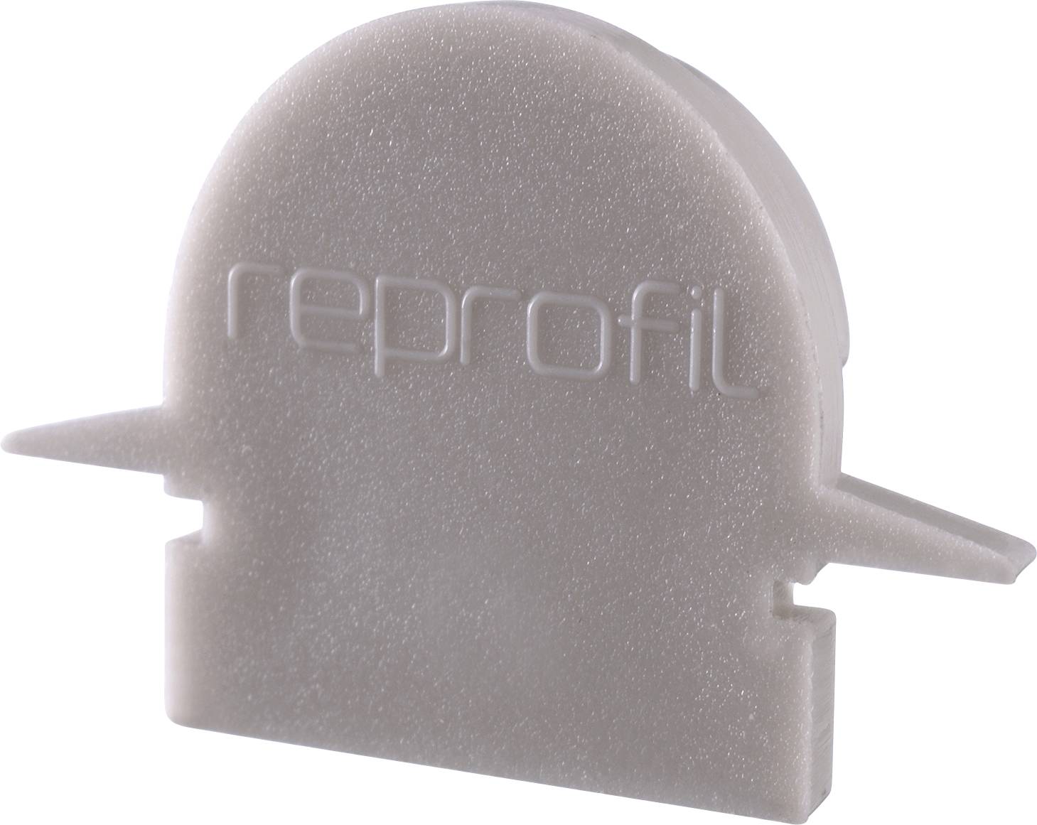 Ein graues Kunststoffelement mit der Aufschrift 'reprofil', vermutlich ein Formteil oder Schutzkappe.