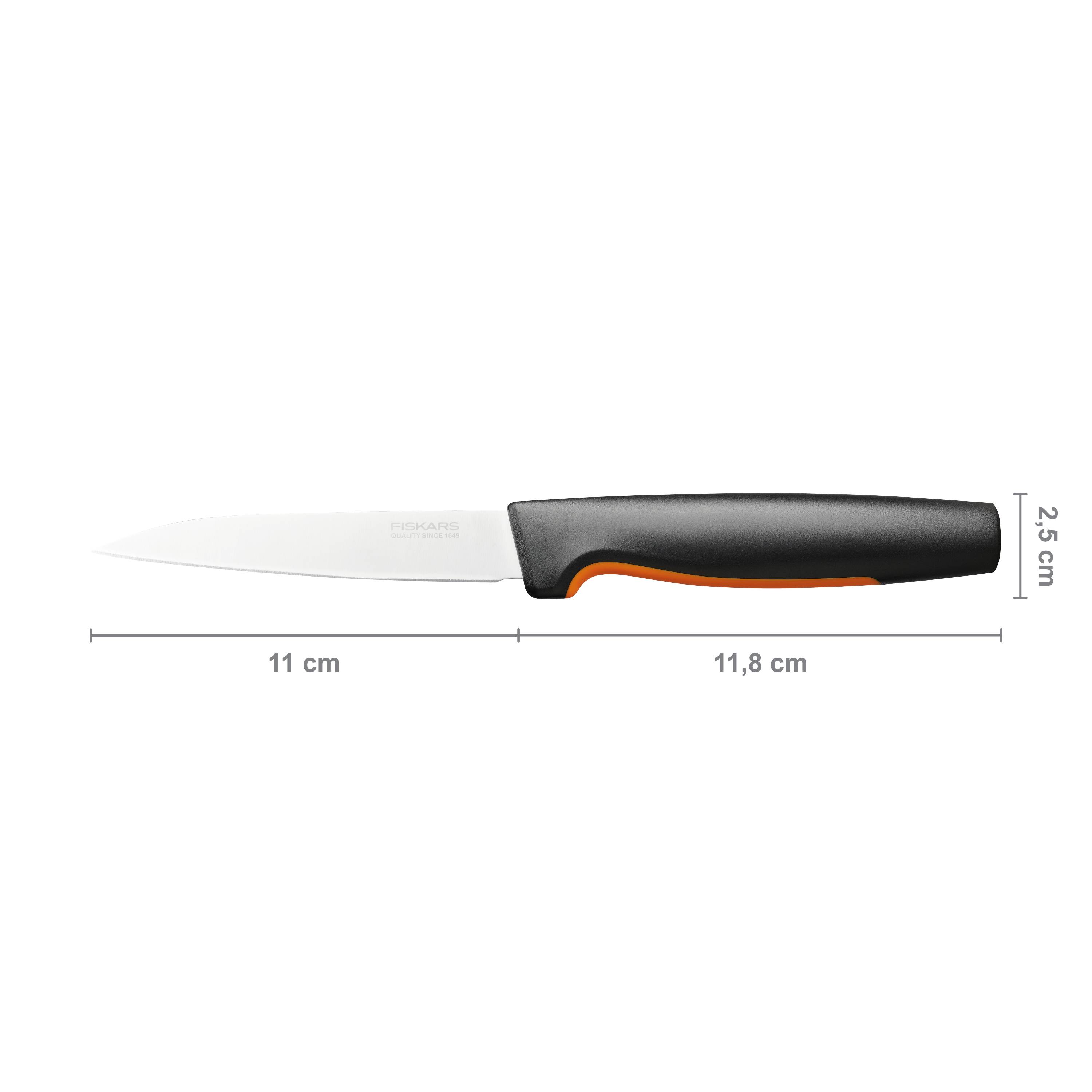 Ein Küchenmesser mit schwarzem Griff. Die Klingenlänge beträgt 11 cm, die Gesamtlänge 11,8 cm, und die Höhe des Griffs 2,5 cm.