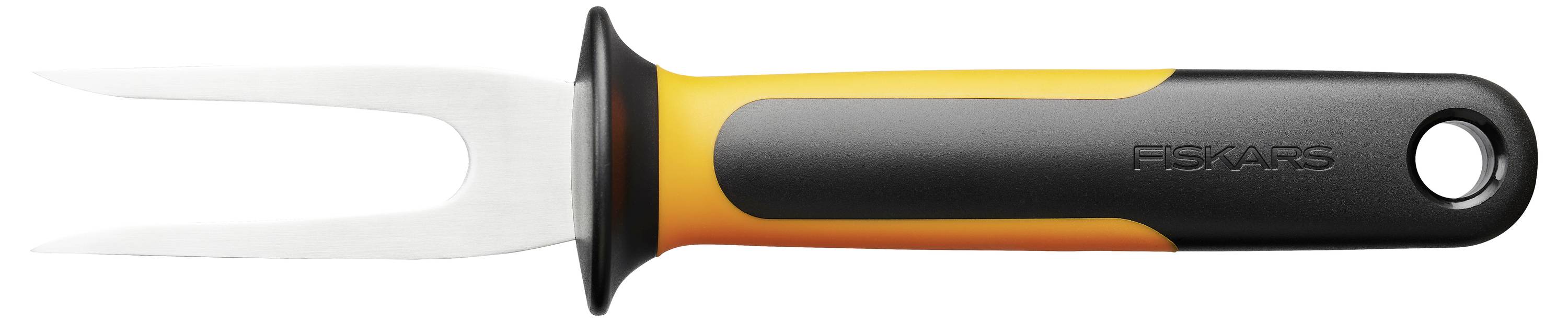 Besonders für das Schneiden und Tranchieren ausgelegte zweizinkige Fleischgabel mit ergonomischem Griff in Schwarz und Orange.