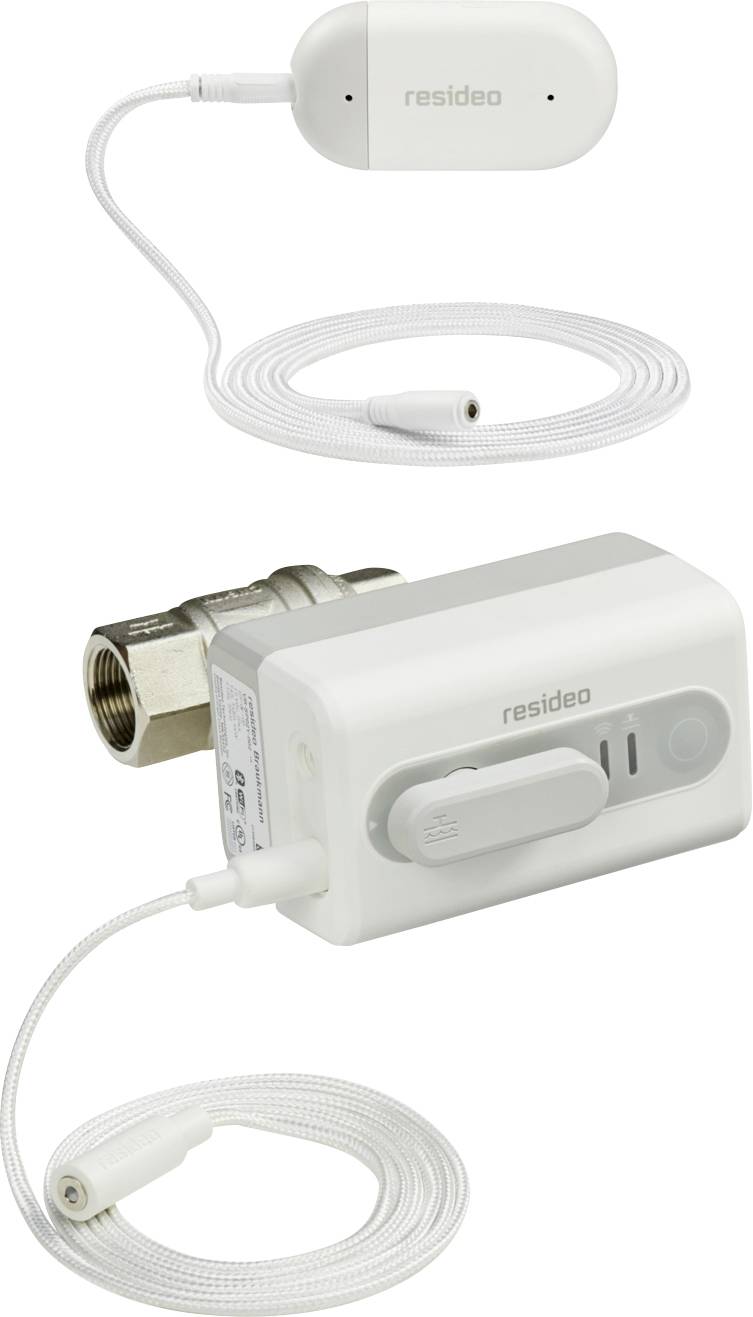 Zwei weiße, rechteckige Resideo-Geräte mit Kabel und Stecker. Eines hat einen Wasseranschluss, das andere einen Sensor.