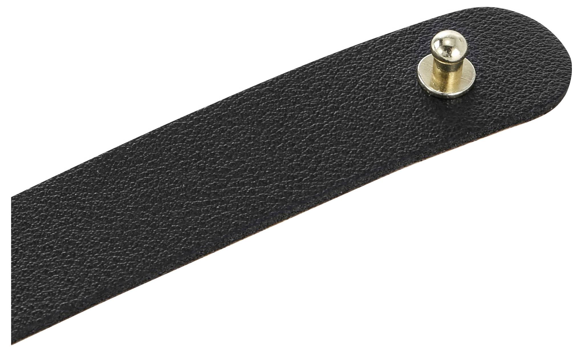 Schwarzer Lederriemen mit einem metallischen Druckknopf oben.