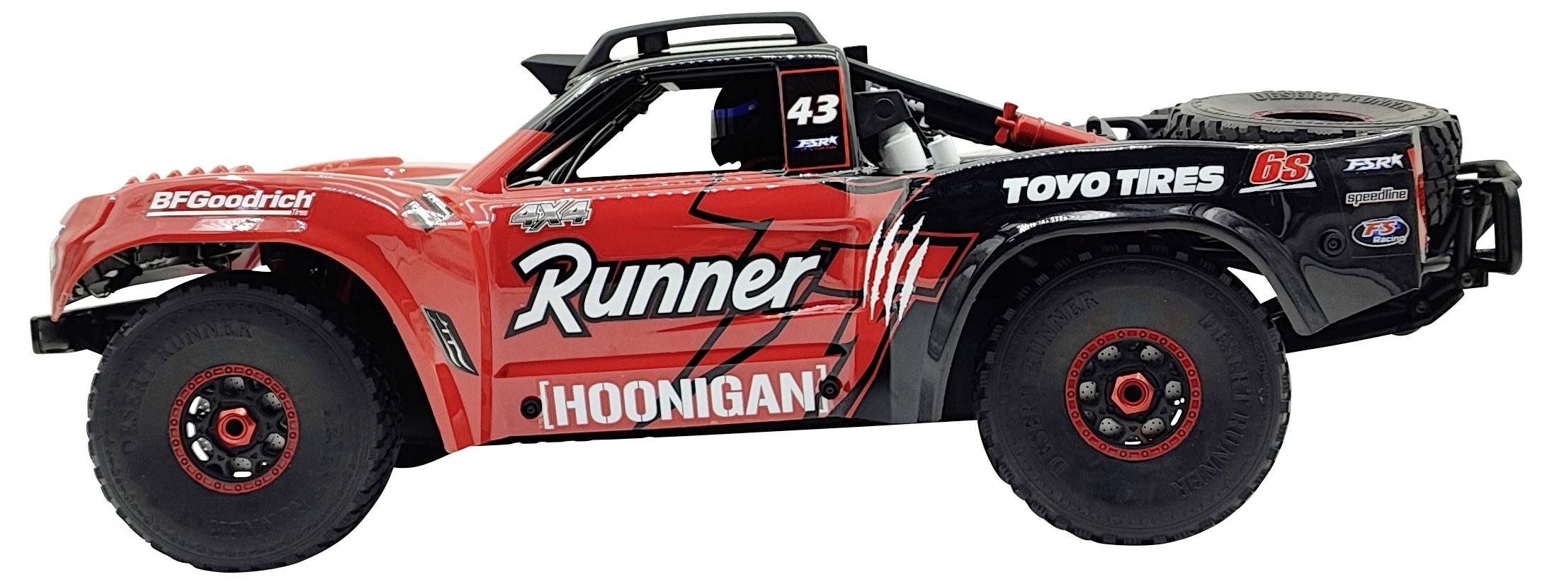 Ein rotes und schwarzes ferngesteuertes Auto mit der Aufschrift 'Runner' und 'Hoonigan' auf der Seite, nummeriert mit 43.