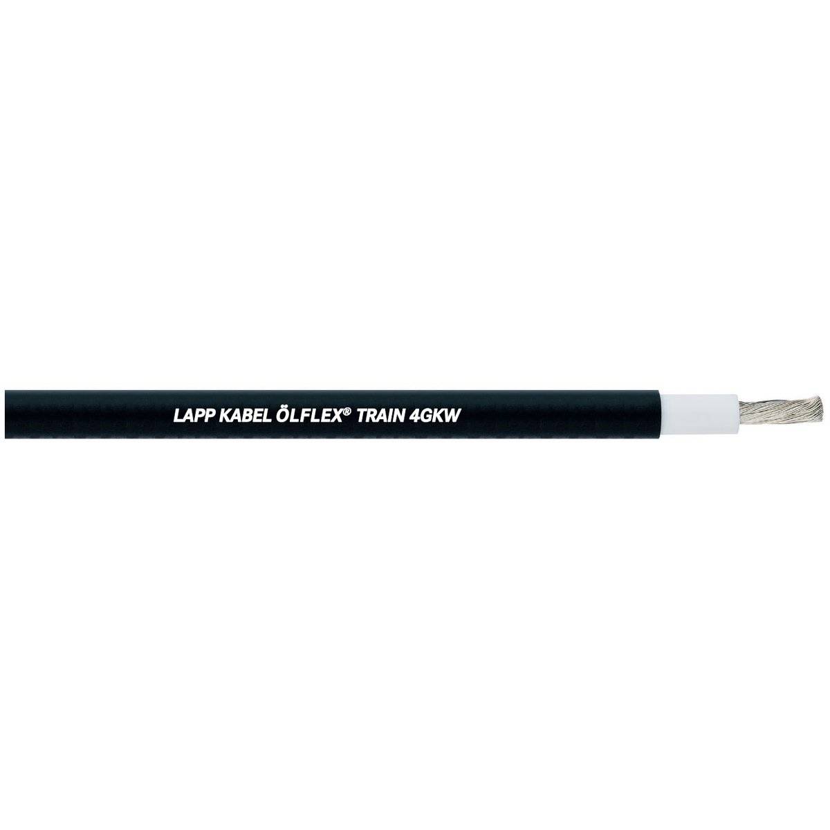 Schwarzes Kabel mit weißem Text 'LAPP KABEL ÖLFLEX® TRAIN 4GKW'; gezeigt wird ein Teil eines Drahtes mit freigelegtem Ende.