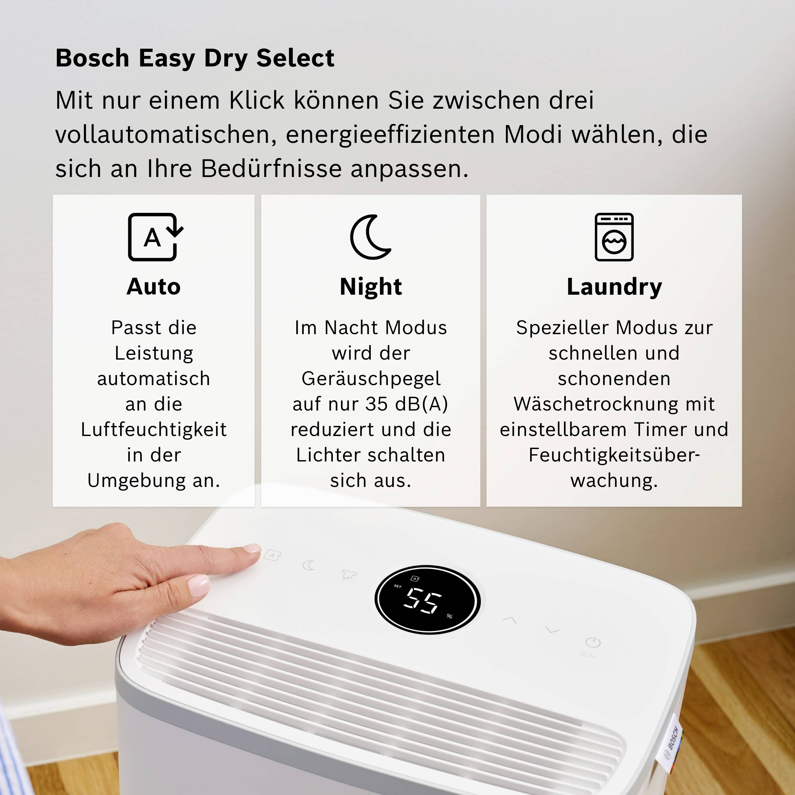 'Bosch Easy Dry Select' Modusoptionen: Auto passt Leistung an, Nacht reduziert Geräuschpegel, Laundry für schnelle Trocknung.