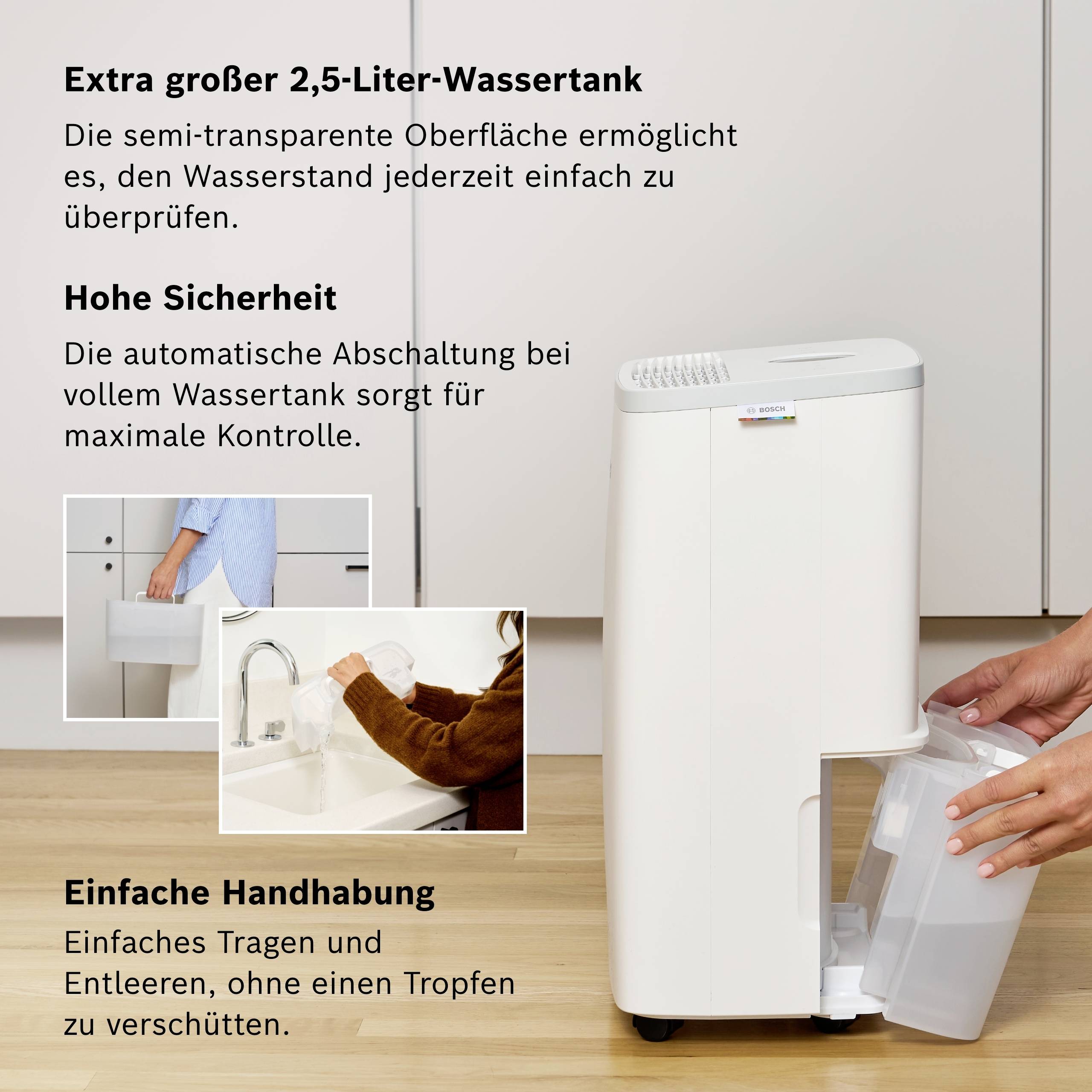 Ein weißer Luftentfeuchter mit herausnehmbarem 2,5-Liter-Wassertank. Eine Person leert den Tank. Text beschreibt Sicherheitsmerkmale.