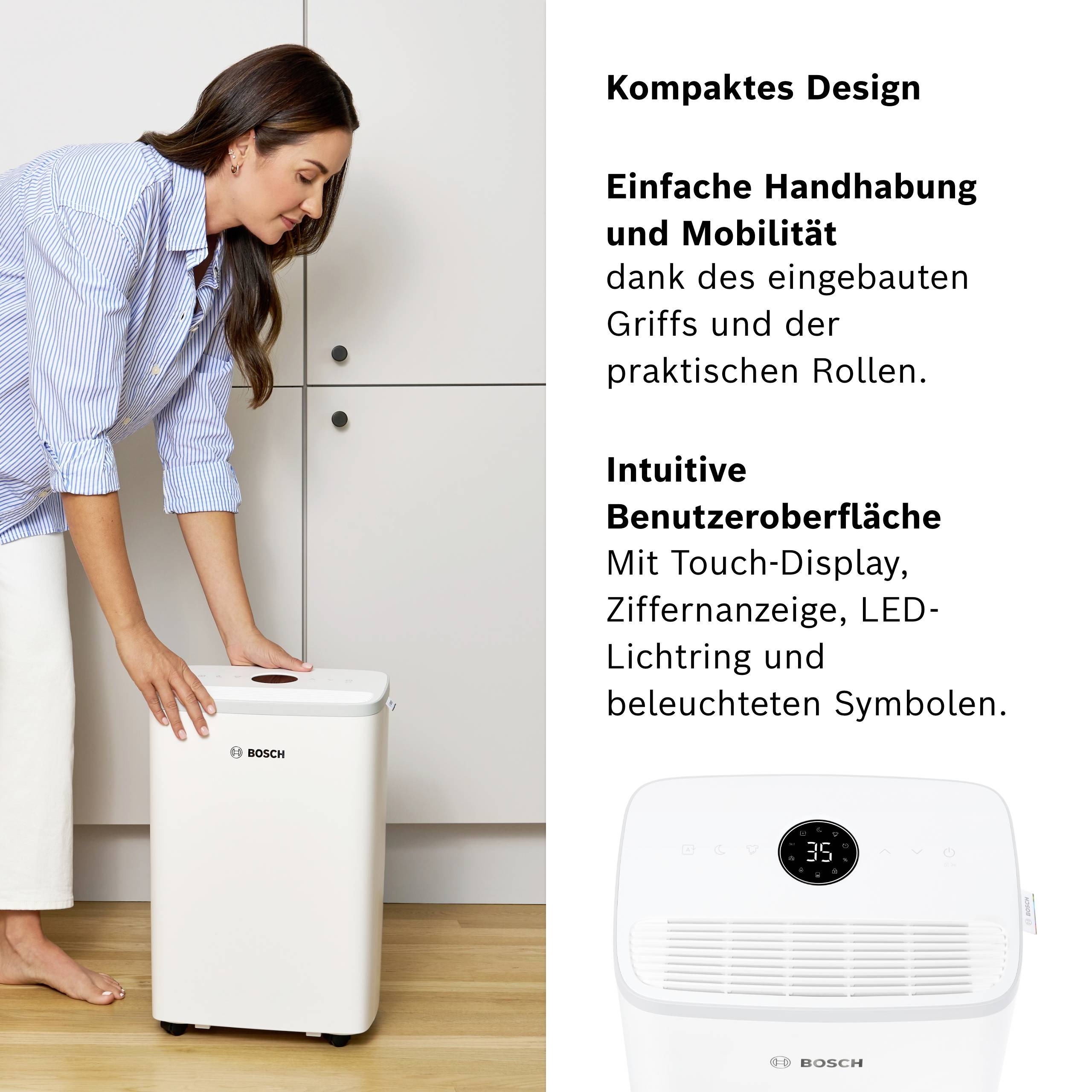 Frau steht barfuß neben einem kleinen, weißen Luftreiniger. Text beschreibt die Eigenschaften: kompaktes Design, Mobilität, intuitive Benutzeroberfläche.