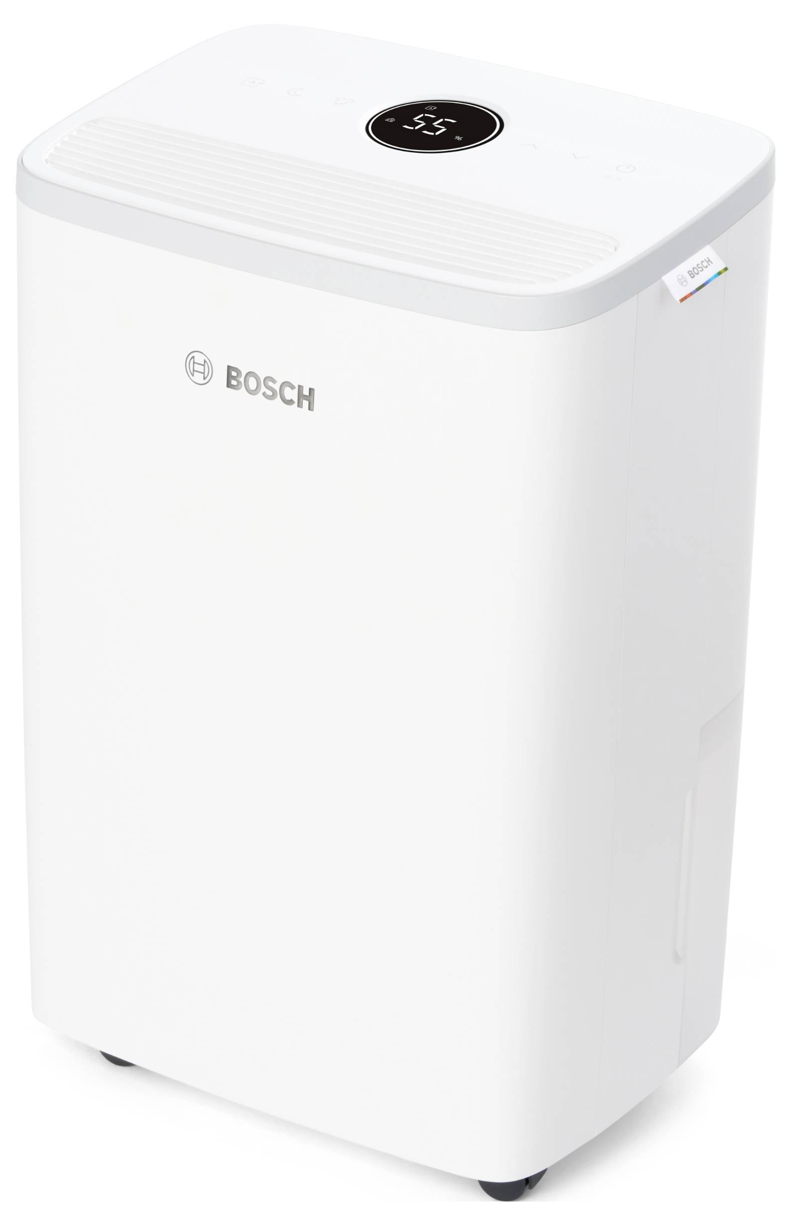 Ein weißer Luftentfeuchter von Bosch mit einem digitalen Display oben. Geeignet für feuchte Räume zur Reduzierung der Luftfeuchtigkeit.