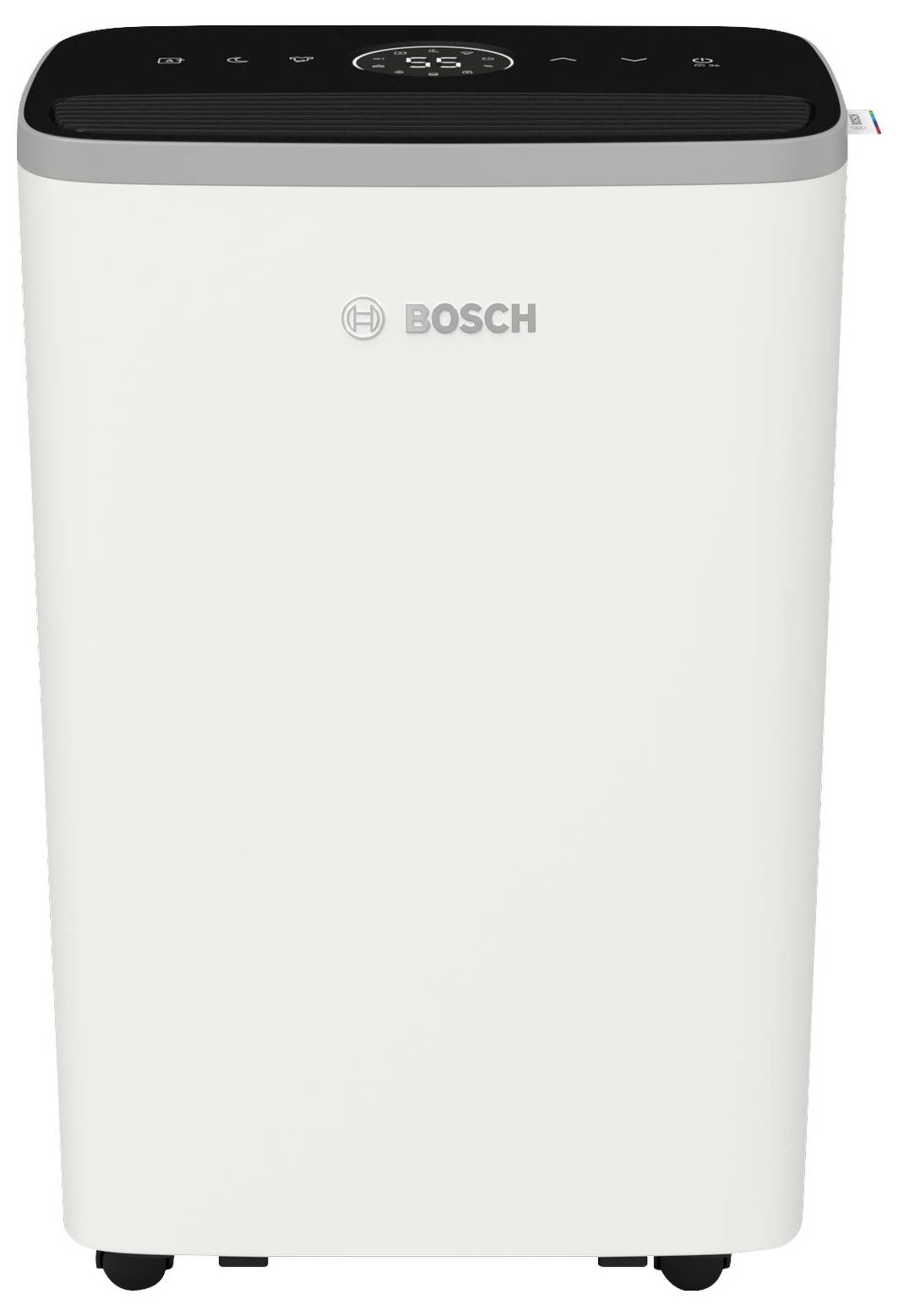 Ein tragbares Klimagerät der Marke Bosch in weißer Farbe mit einem digitalen Bedienelement oben und vier Rädern für einfache Bewegung.