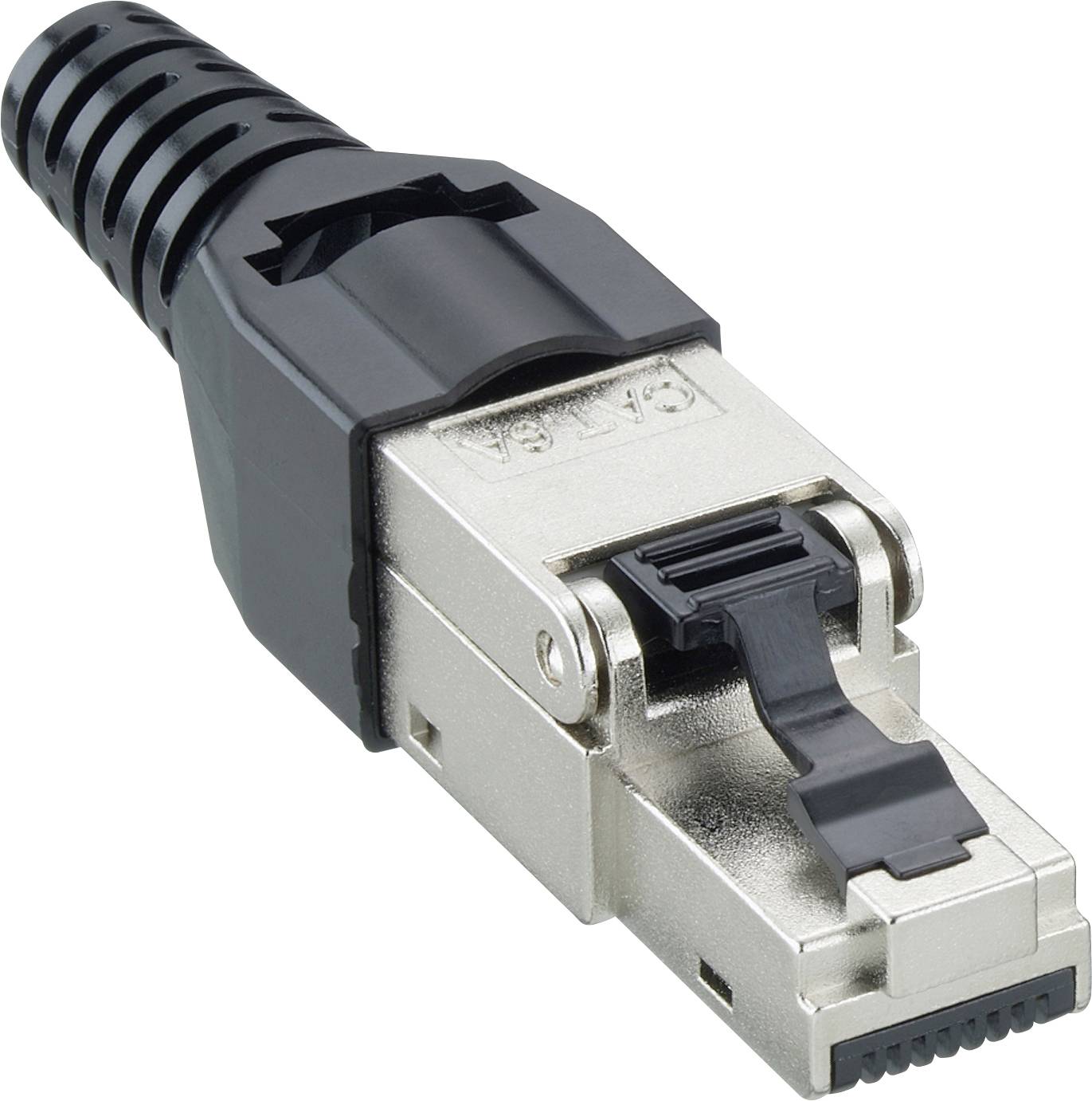 Ein schwarzer und silberner Netzwerkstecker mit Verriegelungsmechanismus, geeignet für Ethernet-Verbindungen, vor weißem Hintergrund.