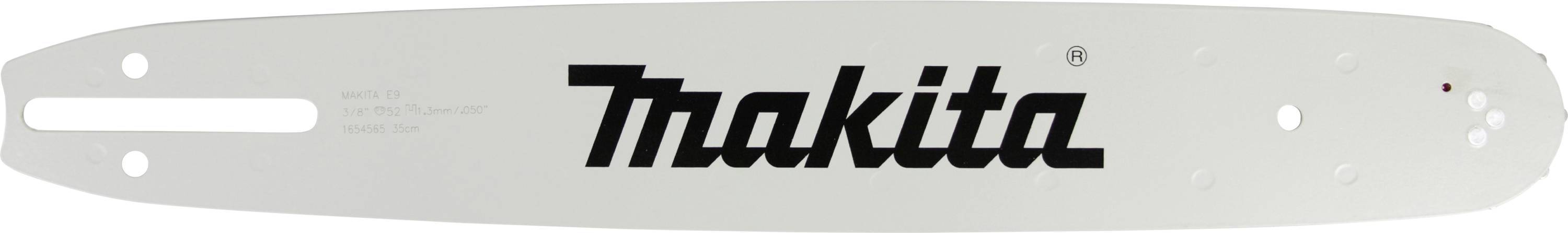 Ein silbernes Sägeblatt mit einem schwarzen 'Makita'-Logo in der Mitte, geeignet für Motorsägen.