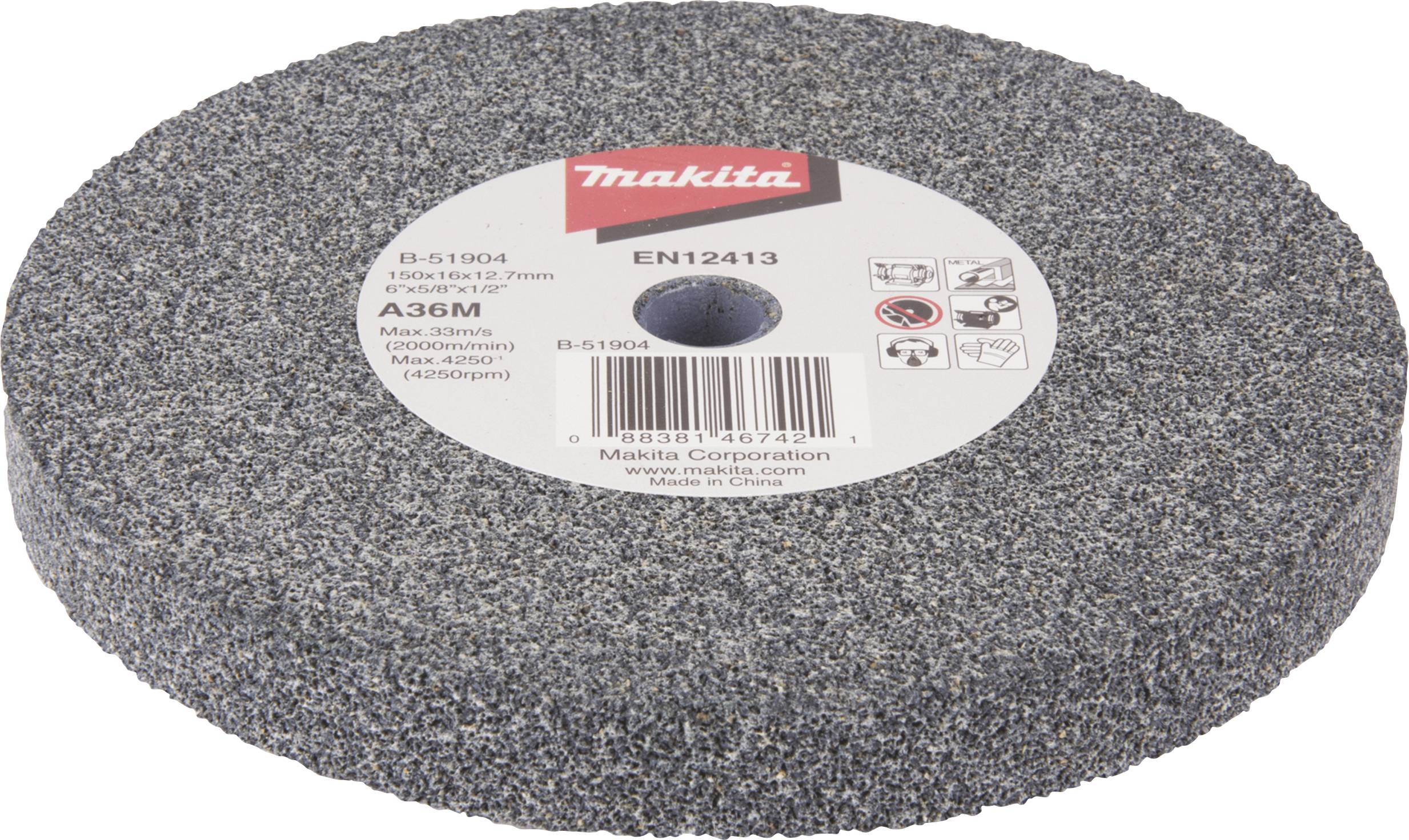 Schleifscheibe mit grauer, körniger Oberfläche, Markenaufkleber oben. Markenname in Rot auf weißem Hintergrund; Spezifikationen angegeben.