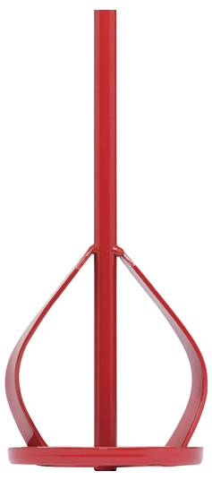 Ein roter Mischquirl für dickflüssige Flüssigkeiten. Der Quirl hat eine schlaufenartige Konstruktion, ideal für Mörtel und Farben.