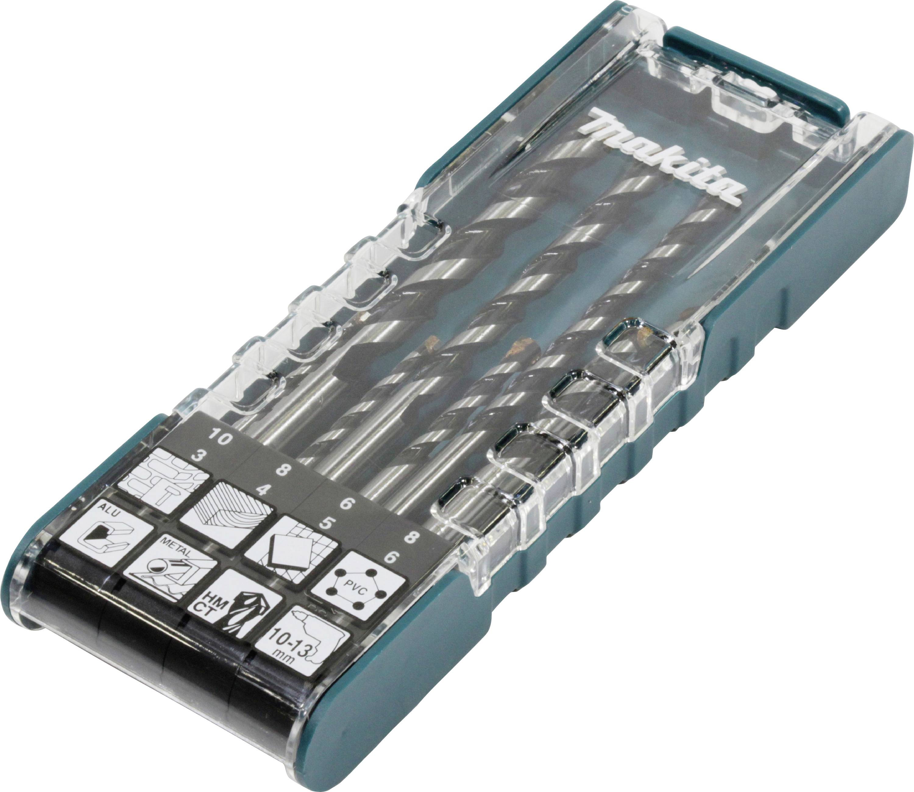 Ein transparenter Plastikbehälter mit verschiedenen Metallbohrern, nummeriert von 3 bis 10 Millimeter, und Illustrationen der Anwendungsbereiche.
